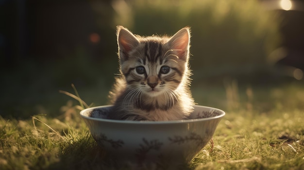 A kitten sits in a bowl on a sunny day.