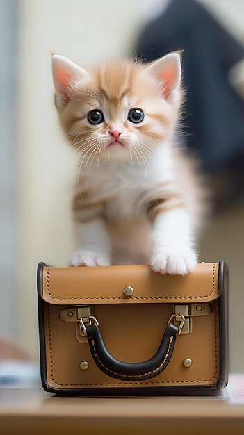 A kitten sits on a brown bag