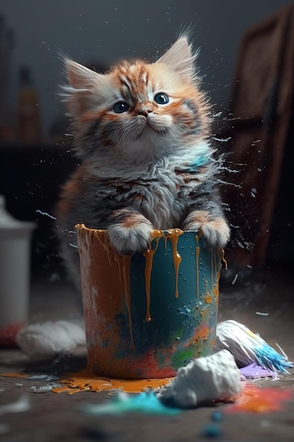 A kitten sits in a bucket of paint with a brush on it.