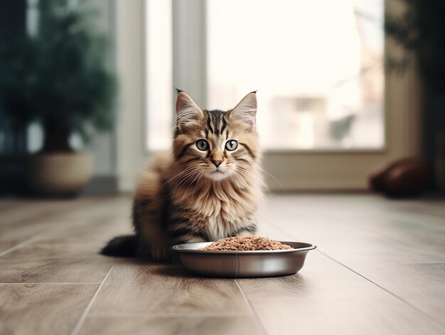 猫の食べ物の鉢の近くの床に座っている子猫