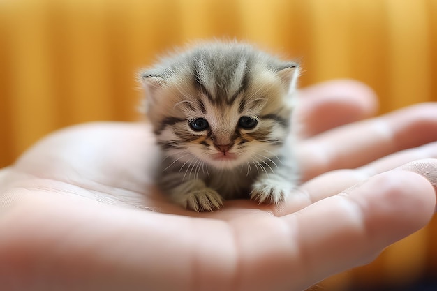 The kitten sits in the hands of a man Pet owner and his pet