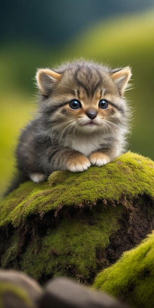 A kitten sits on a moss covered stump.