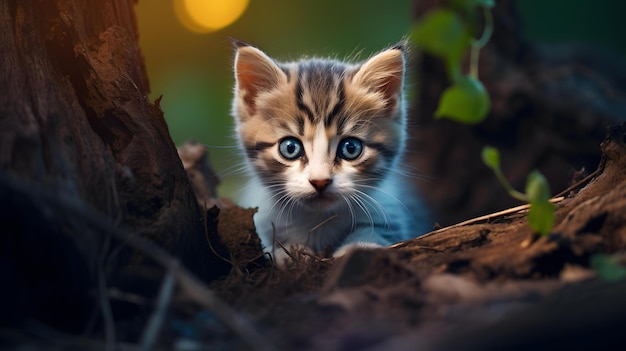 a kitten sits in the shade of a tree.