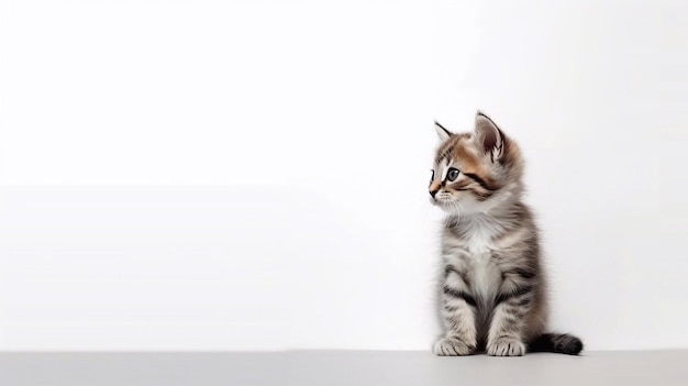 A kitten sits on a table in front of a white wall.