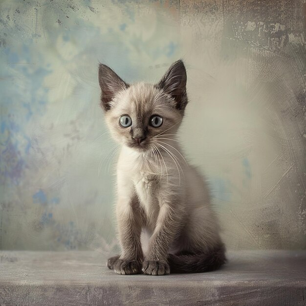 Photo a kitten sits on a table with a blue background behind it