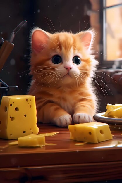 A kitten sits on a table with cheese and cheese.