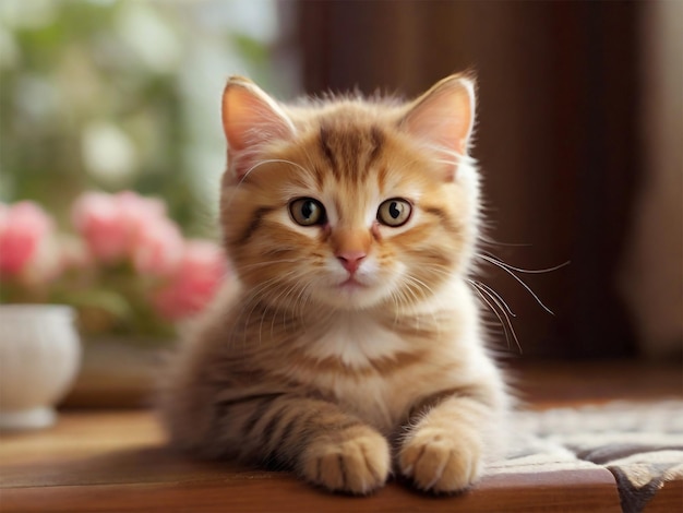 a kitten sits on a table with a flower in the background