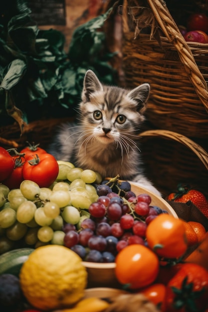 A kitten sitting in front of a basket of fruit Generative AI image