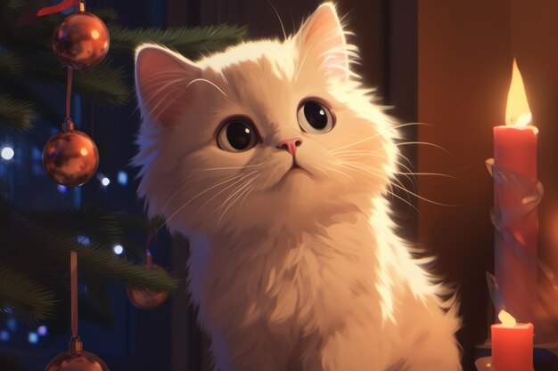 クリスマスツリーの近くに座っている子猫美しいイラスト画像ジェネレーティブAI