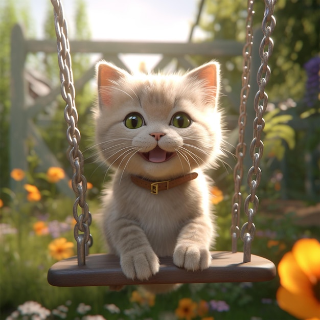 A Kitten Sitting on a Swing in a Garden