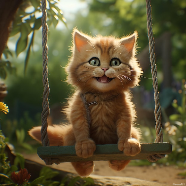 A Kitten Sitting on a Swing in a Garden