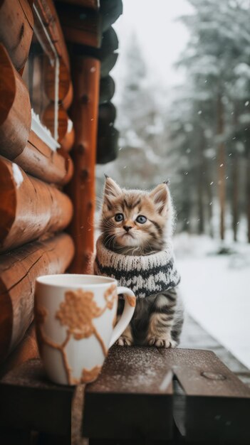 A kitten sitting on a table next to a cup Generative AI image