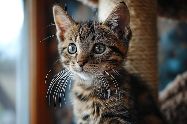 A kitten sitting on top of a cat tree