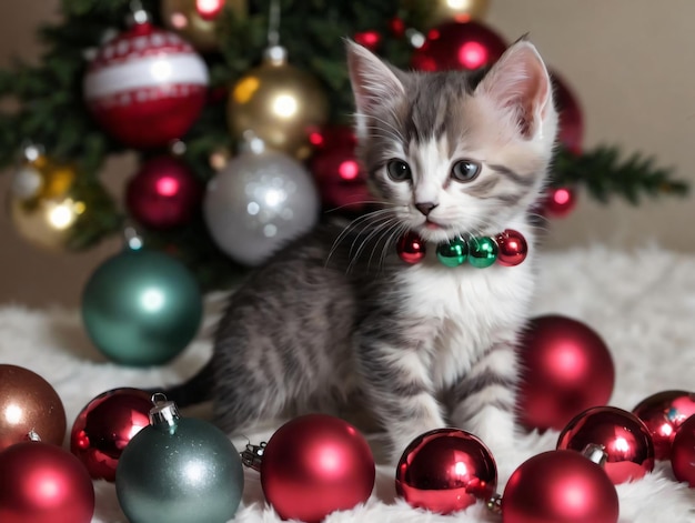 A Kitten Sitting On A White Rug Next To Christmas Ornaments