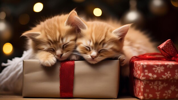kitten slaapt op een blauwe doos van Kerstmis