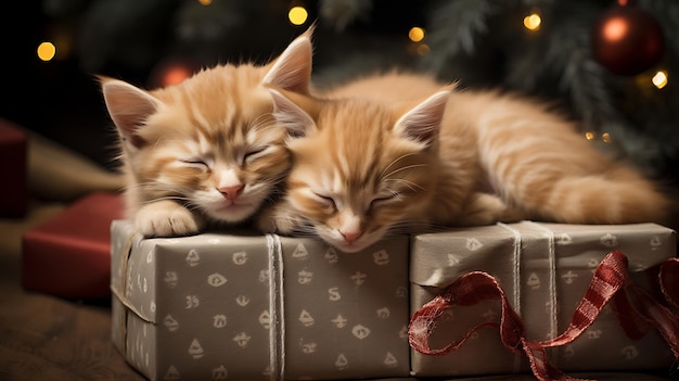 kitten slaapt op een blauwe doos van Kerstmis