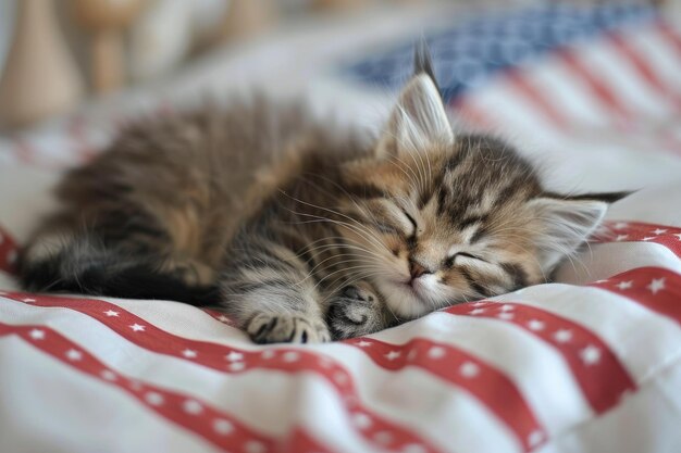 kitten slaapt vreedzaam op het doek van de Amerikaanse vlag USA Onafhankelijkheidsdag 4 juli