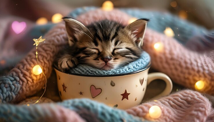 Фотография котёнок спит в чашке.