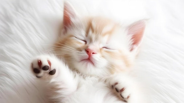 A kitten sleeps with its paw up in the air