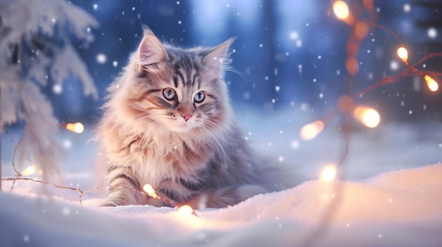 A kitten in the snow surrounded by golden twinkling lights of garlands