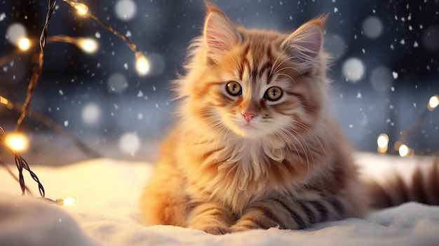 A kitten in the snow surrounded by golden twinkling lights of garlands