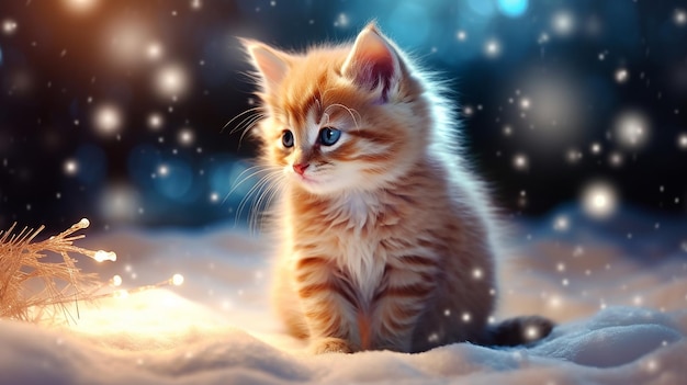 A kitten in the snow surrounded by golden twinkling lights of garlands