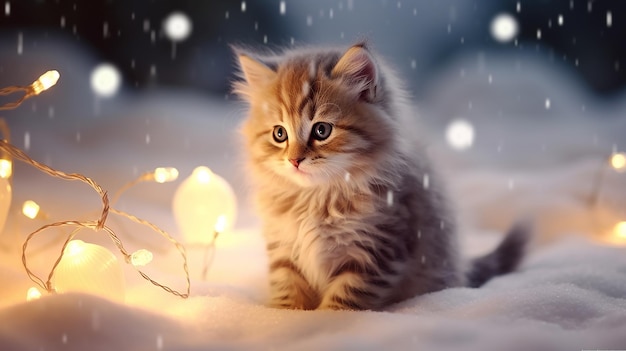 A kitten in the snow surrounded by golden twinkling lights of garlands