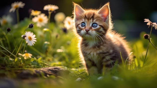 Kitten staart naar een vlinder te midden van levendige bloemen