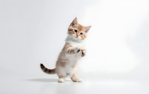A kitten stands on its hind legs and looks up at the camera.