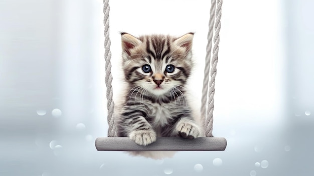 A kitten on a swing with a blue eyes