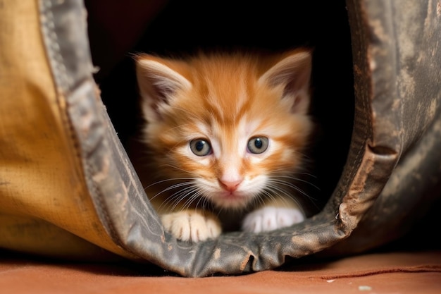 Kitten using a boot as a hiding place during a game of hide and seek