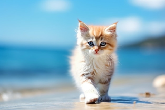 A kitten walking on a beach