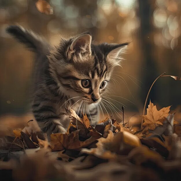 A kitten walking through a pile of leaves