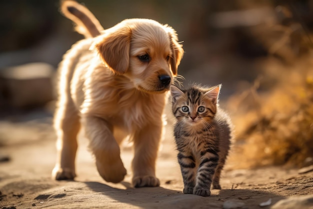 Kitten Walks Beside An Energetic Puppy Generative AI