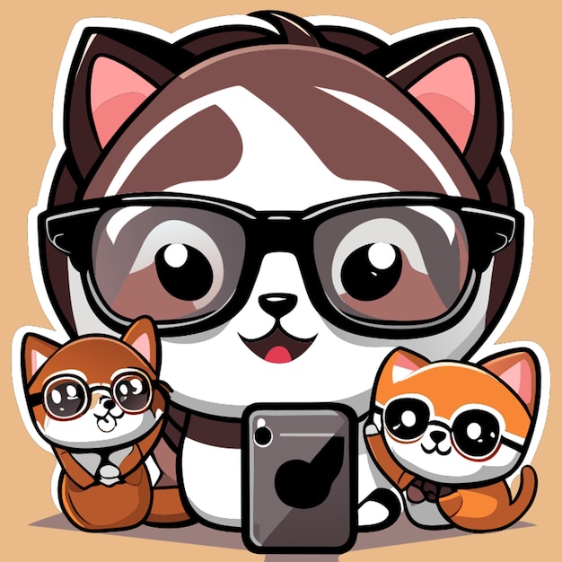 kitten wearing eyewear taking a selfie with its friends in cosy home vector illustration