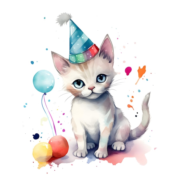 A kitten wearing a party hat sits next to balloons.