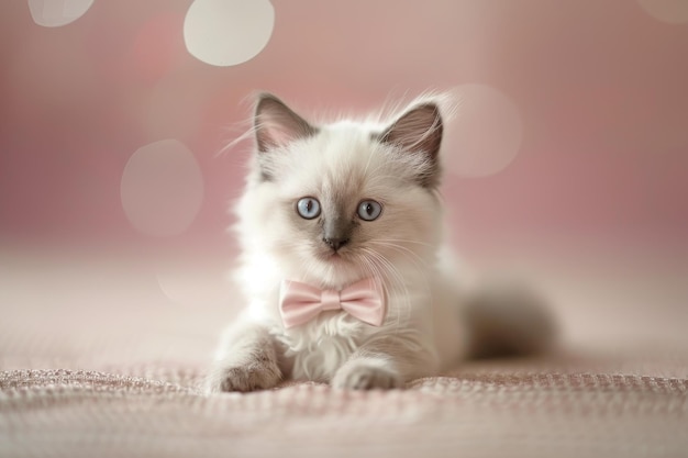 A kitten wearing a pink bow tie is laying on a pink bed