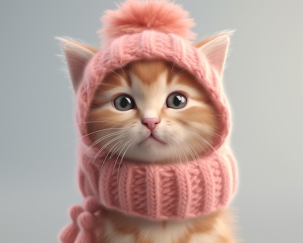 A kitten wearing a pink hat and a pink hat
