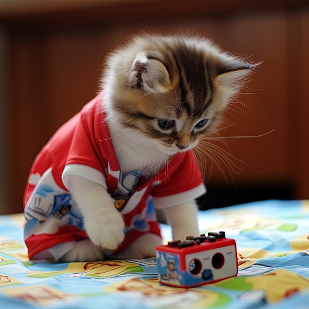 a kitten wearing a shirt that says  the word cat  on it