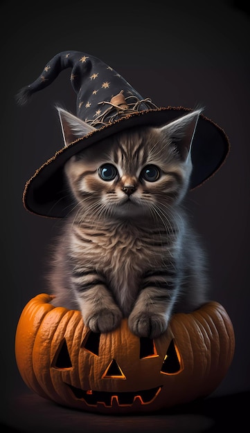 A kitten wearing a wizard hat sitting on a pumpkin