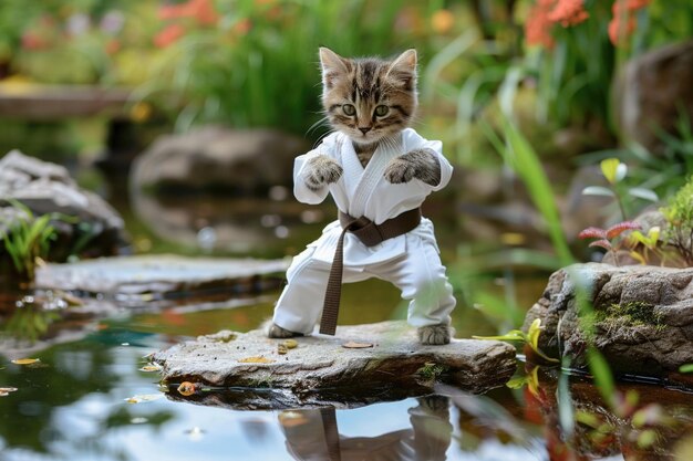 A kitten in a white karate uniform posing in a martial arts stance