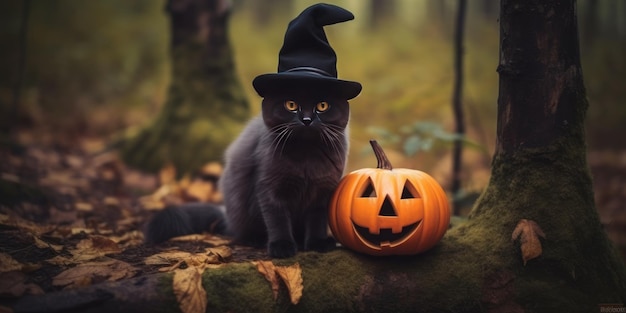 Kitten in a witchs hat in the autumn forest place for text generative ai