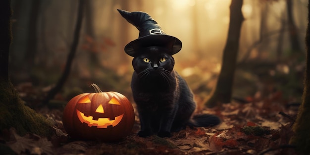 Kitten in a witchs hat in the autumn forest place for text generative ai