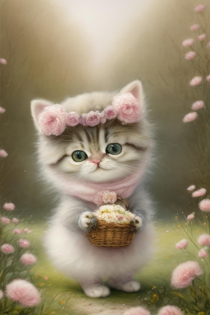 A kitten with a basket of easter eggs in her hands.