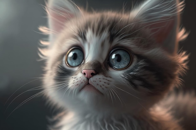 A kitten with big blue eyes looks up at the camera.