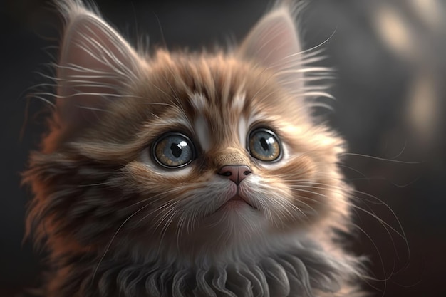 A kitten with big eyes is looking up at the camera.