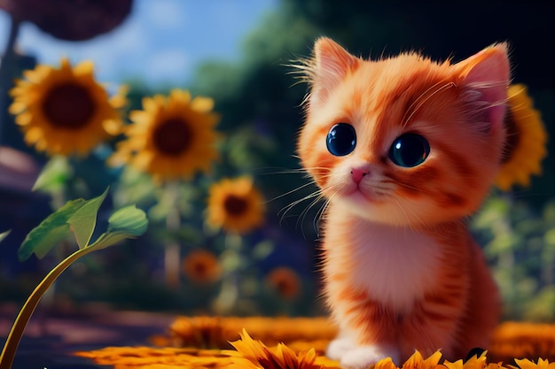 A kitten with big eyes is sitting in a field of sunflowers.
