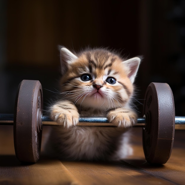 Foto un gattino con un grosso naso si siede su una barra di legno.