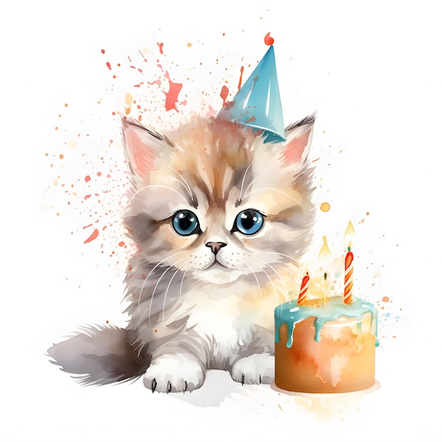 A kitten with a birthday hat and a birthday cake.