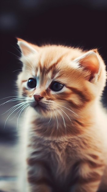 A kitten with a black nose and blue eyes sits on a dark background.